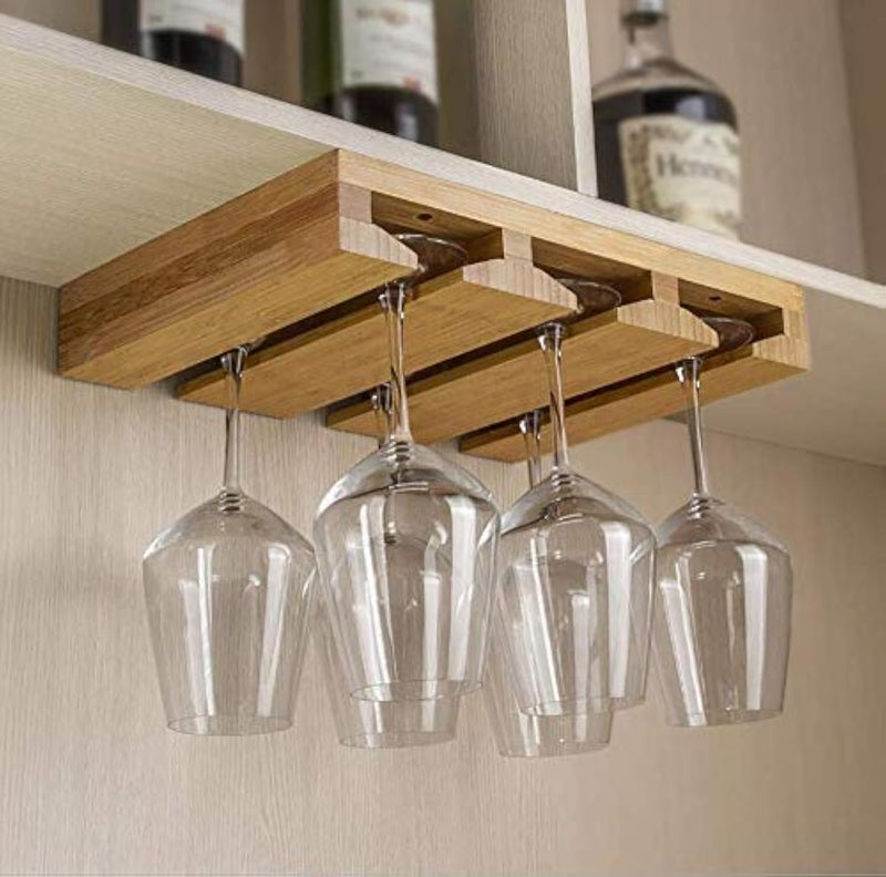 Kework Bamboo Wine Glass Holder, Hanging Stemware Display Rack, Under Cabinet Mounted Wine Glass Drying Storage Hanger Organizer Rack - Image 1